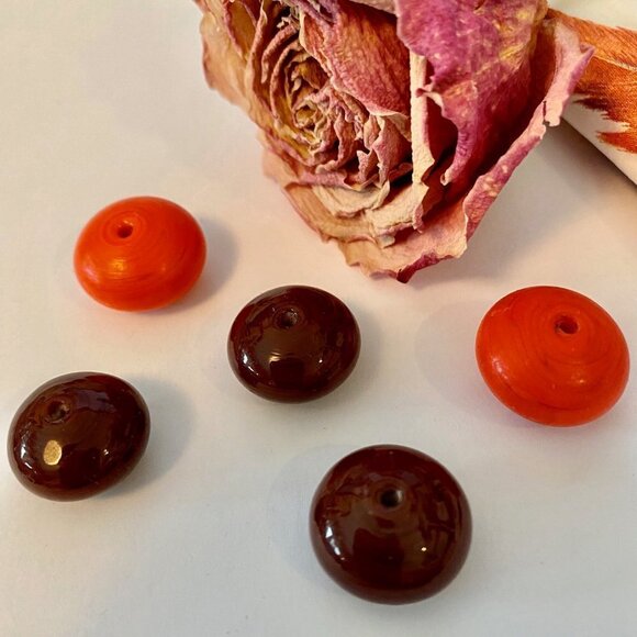 As Low As $2 Orange & Mahogany Handmade Lampwork Artisan Rondelle Beads (5) - Picture 2 of 3